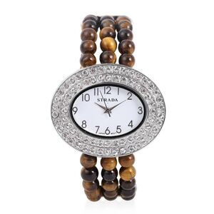STRADA Stretch Bracelet Austrian Crystal Watch Tiger's Eye